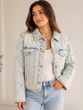 Marc New York Quilted Light Denim Jacket in Cream and Blue Stitching